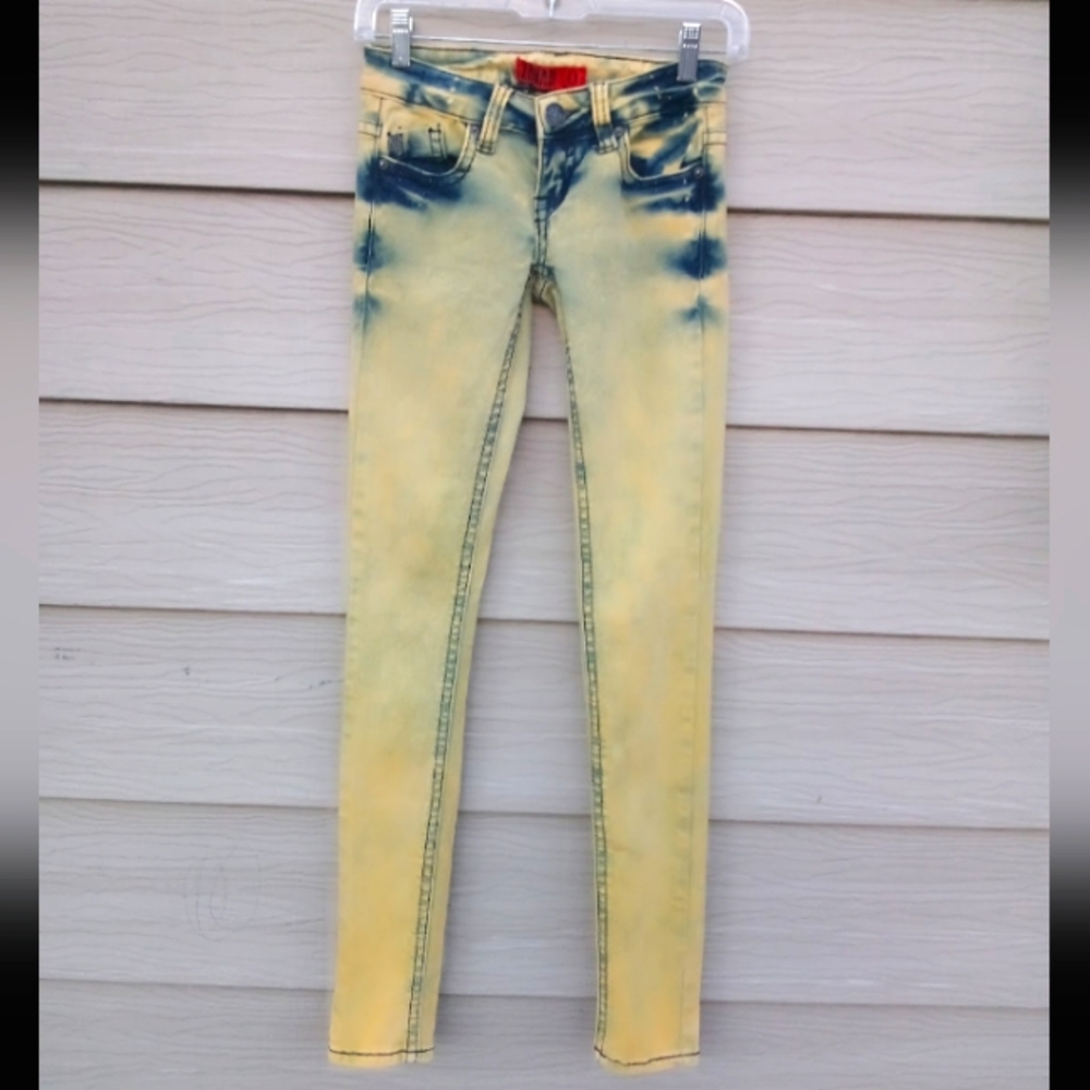 Zana Di acid wash jeans, blue/yellow, straight leg, skinny, size 0, EUC